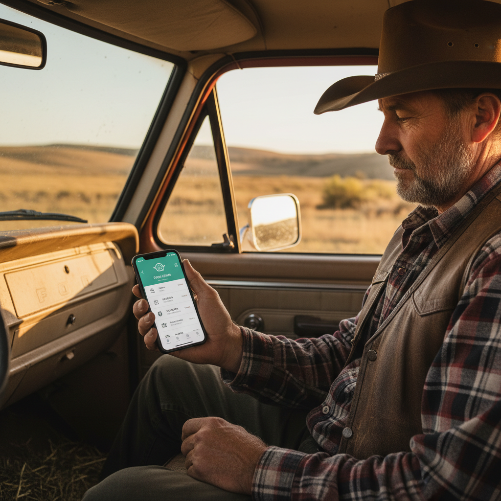 Rancher in a vintage pickup truck reviewing a cattle marketing listing on his phone