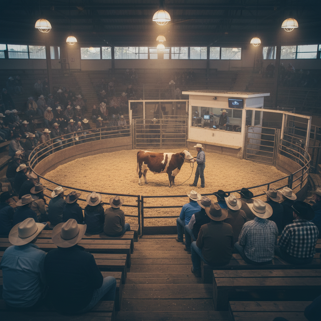 Buyers bidding on a cow in a sale barn auction ring