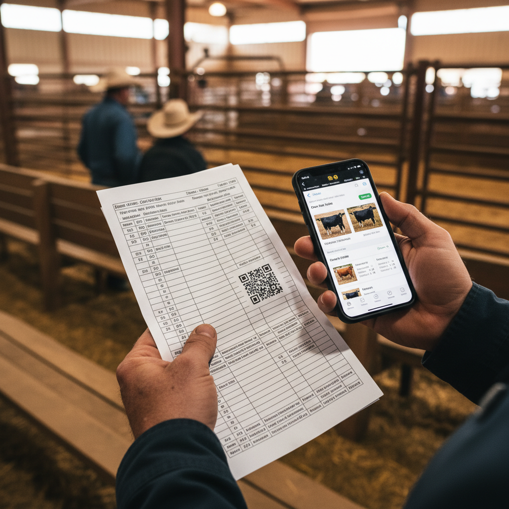 Buyer scanning a QR code on a printed cattle sale sheet to see the full listing