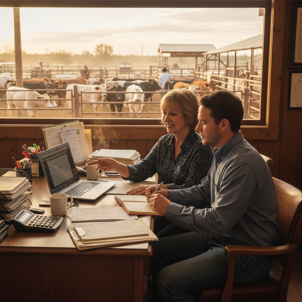 Sale barn office staff working together at a desk with a laptop