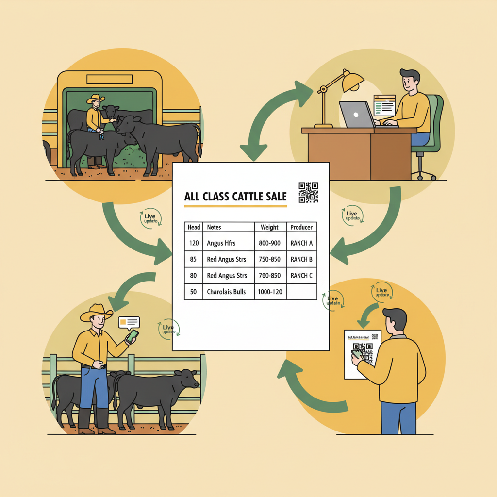 A dynamic HerdStat sale sheet updating live from yard crew, office staff, and a buyer scanning its QR code