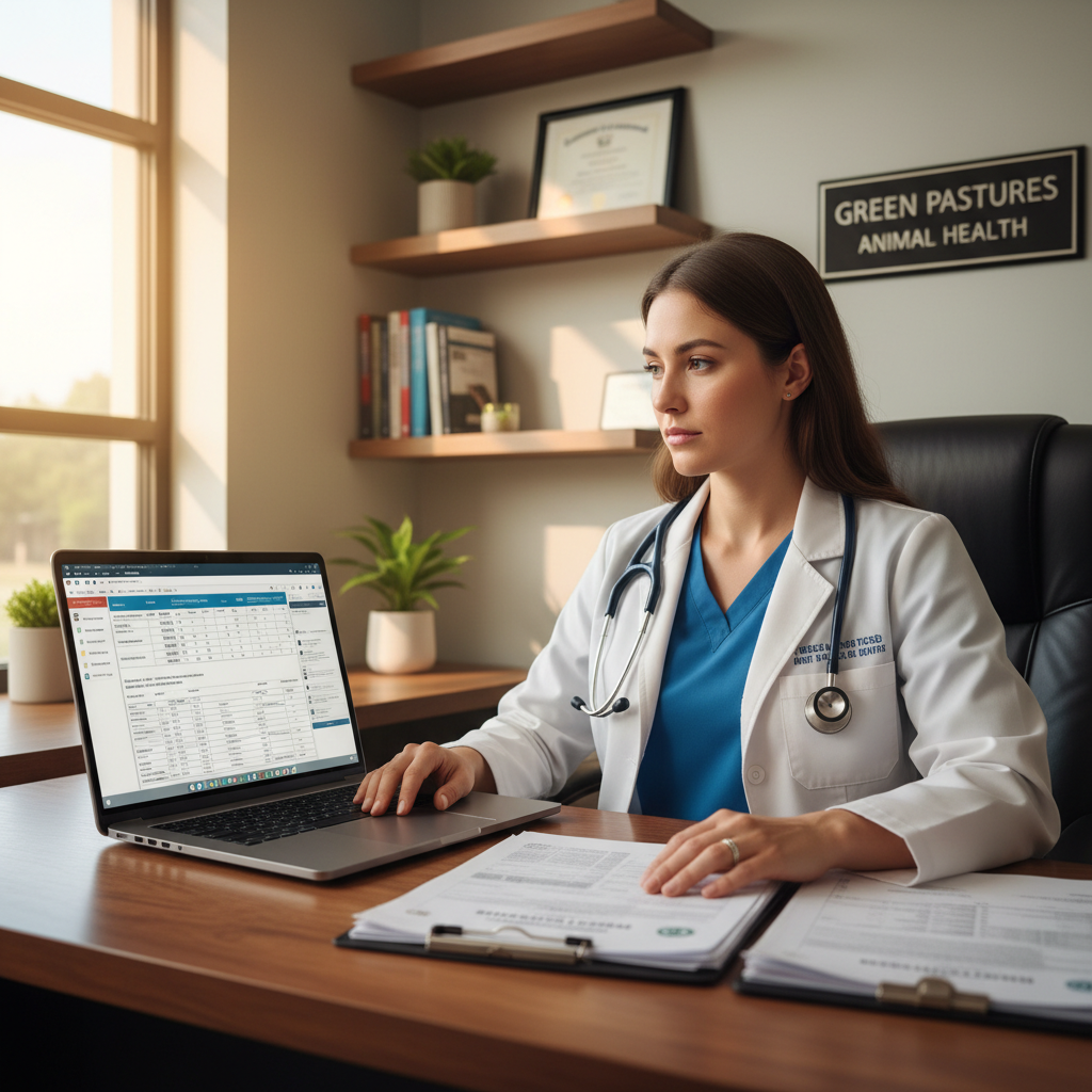 Veterinarian reviewing cattle health certification documents on a laptop