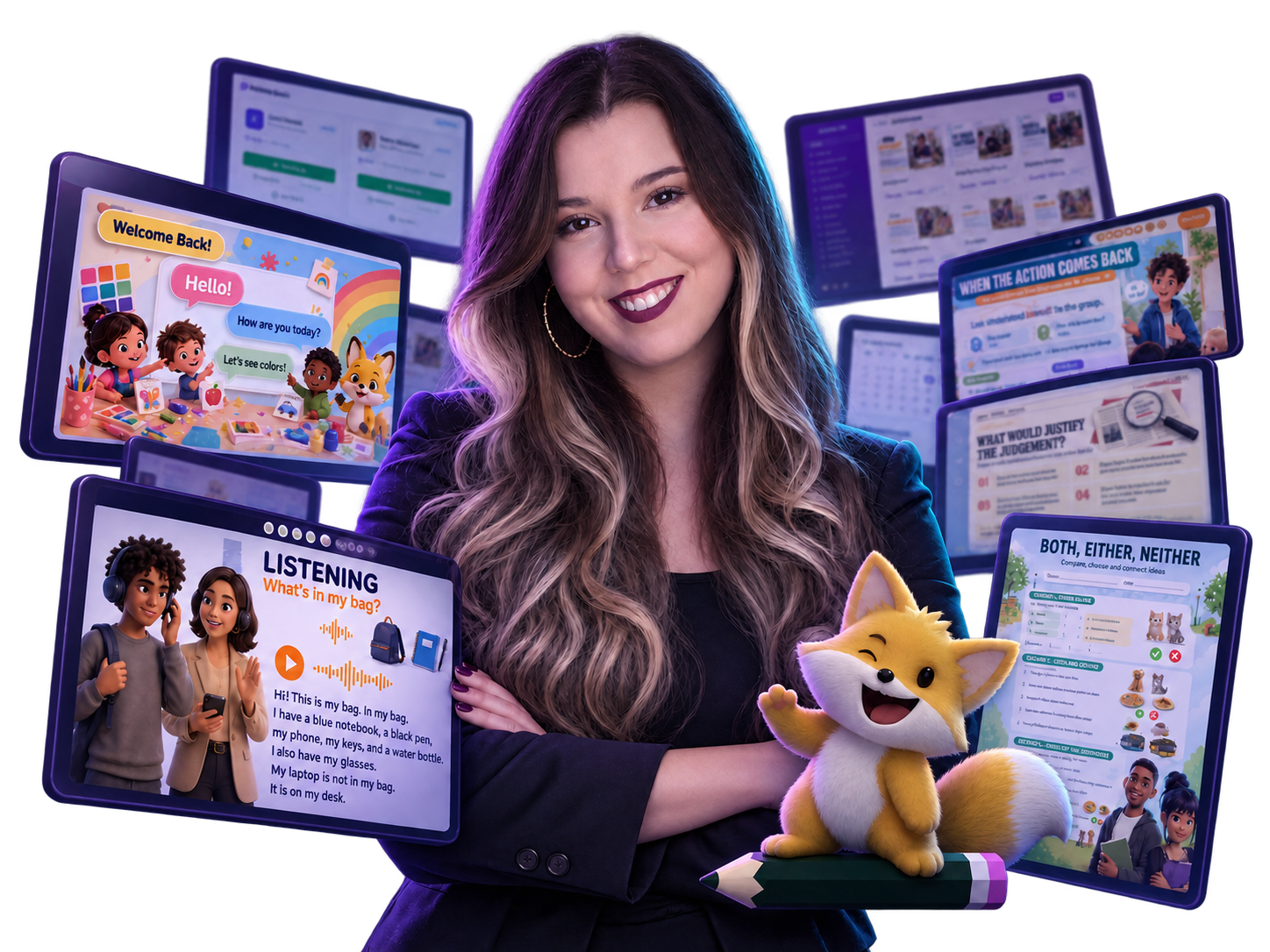 Bruna, fundadora da Yellow Fox, com a mascote raposa e telas da plataforma de aulas de inglês