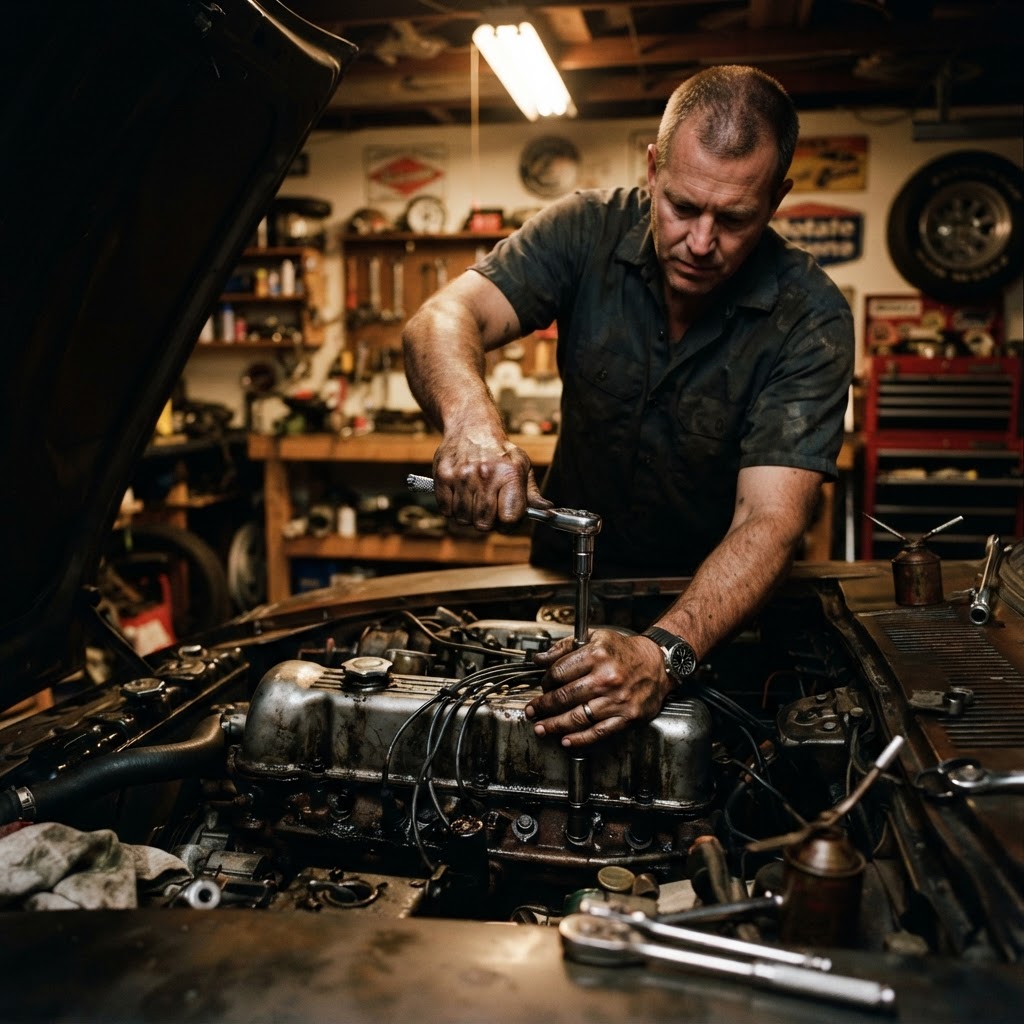 Someone maintaining a car in a garage