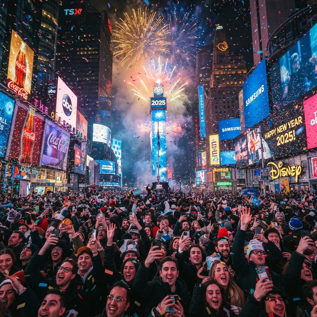 Times Square on New Year’s Eve at midnight