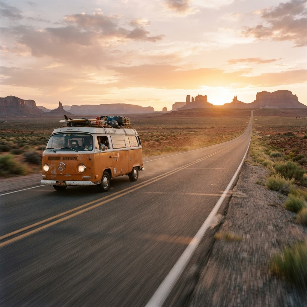A road trip van on an open highway