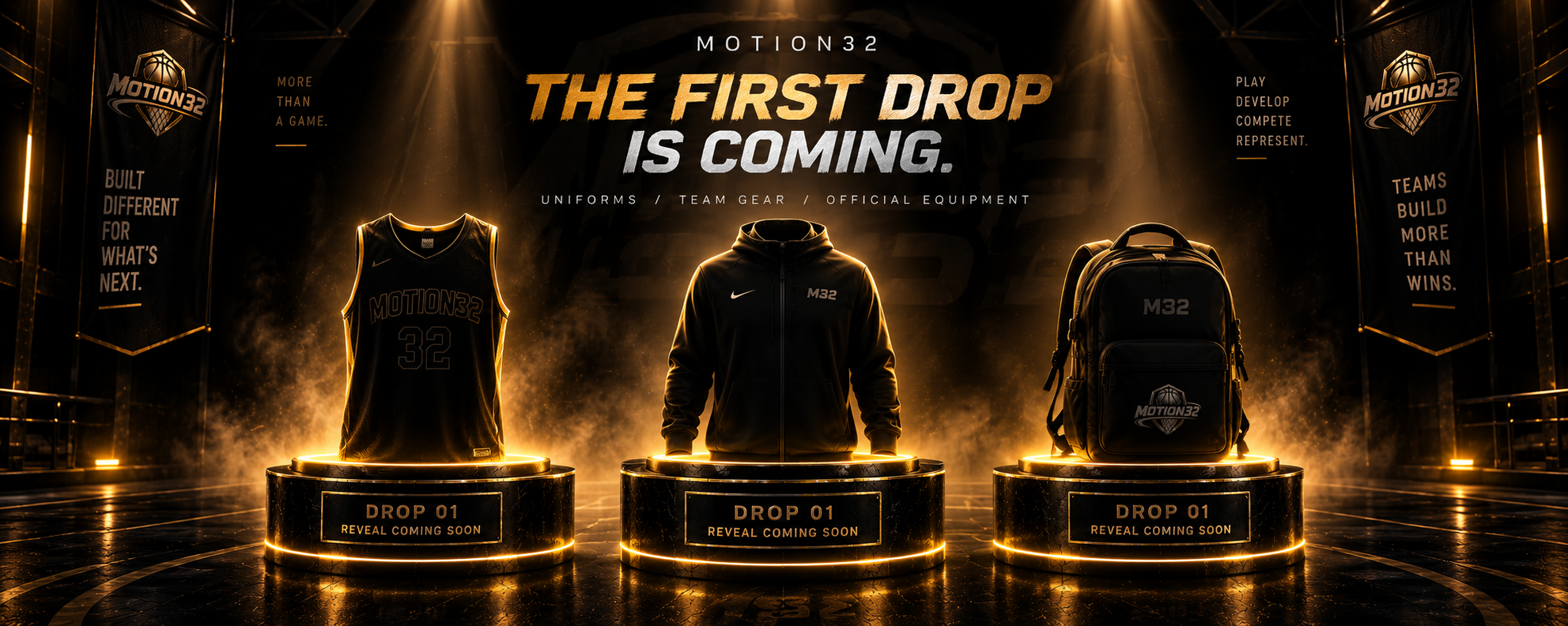Motion32 First Drop — jerseys, warmups, and gear on pedestals