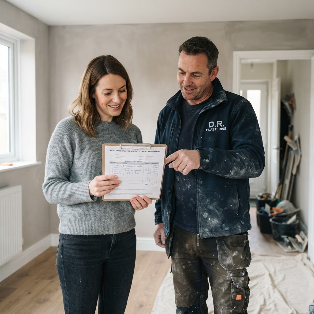 Homeowner and plasterer reviewing a written