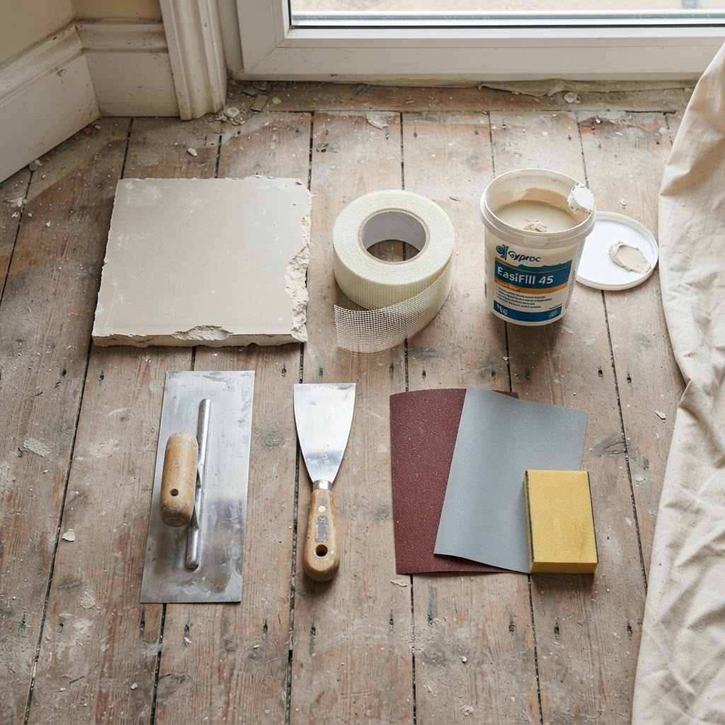 Flat lay of plastering tools and materials needed for a plasterboard patch repair — trowel, jointing tape, filler tub, plasterboard offcut, and sandpaper