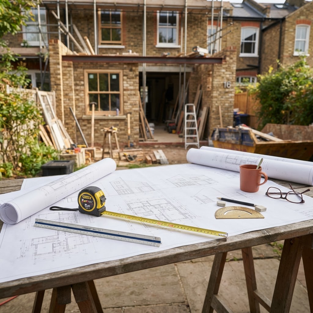 Architectural drawings and measured survey plans for a London renovation