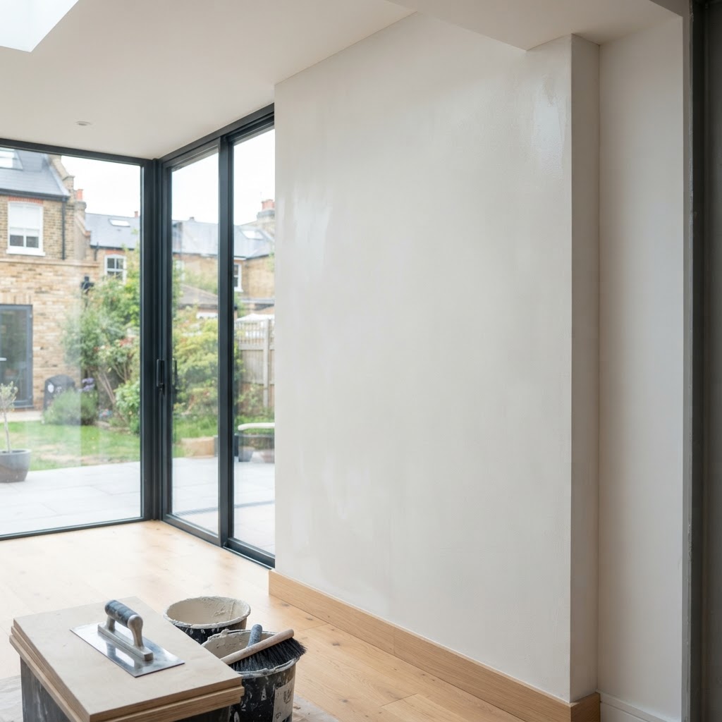 Freshly applied smooth render finish on a modern London extension wall