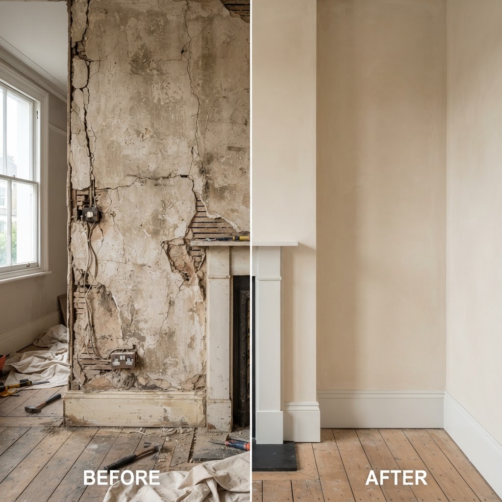 Before and after comparison of a Victorian terrace living room wall showing cracked, blown plaster next to freshly finished lime plaster