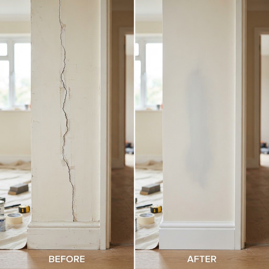 Before and after comparison of a repaired plasterboard wall crack, sanded smooth and ready for painting