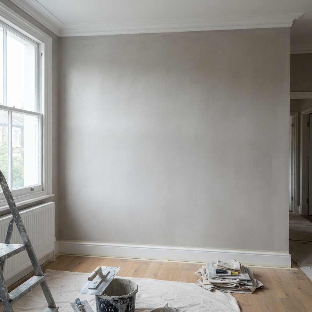 Freshly plastered wall during a London renovation