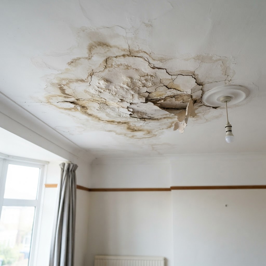 A ceiling showing visible water staining and cracked plaster before repair work begins