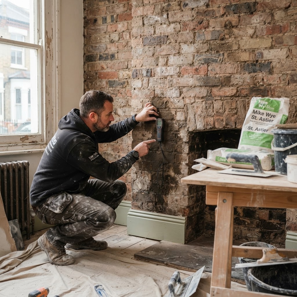 Plasterer examining a damp patch on a solid brick wall in a period London property before starting lime plastering work