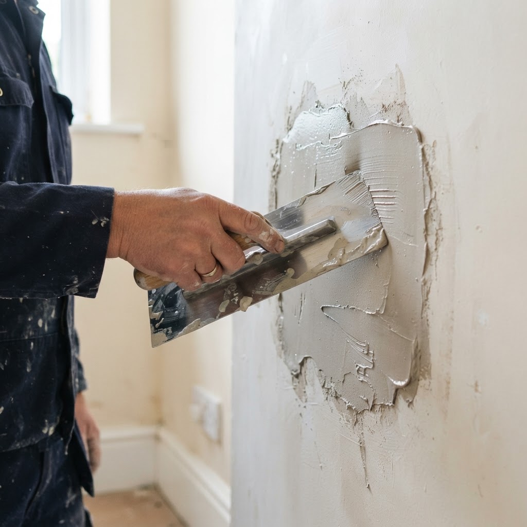 Close-up of a plasterer's trowel smoothing fresh plaster over a repaired patch on a wall, with visible tool marks
