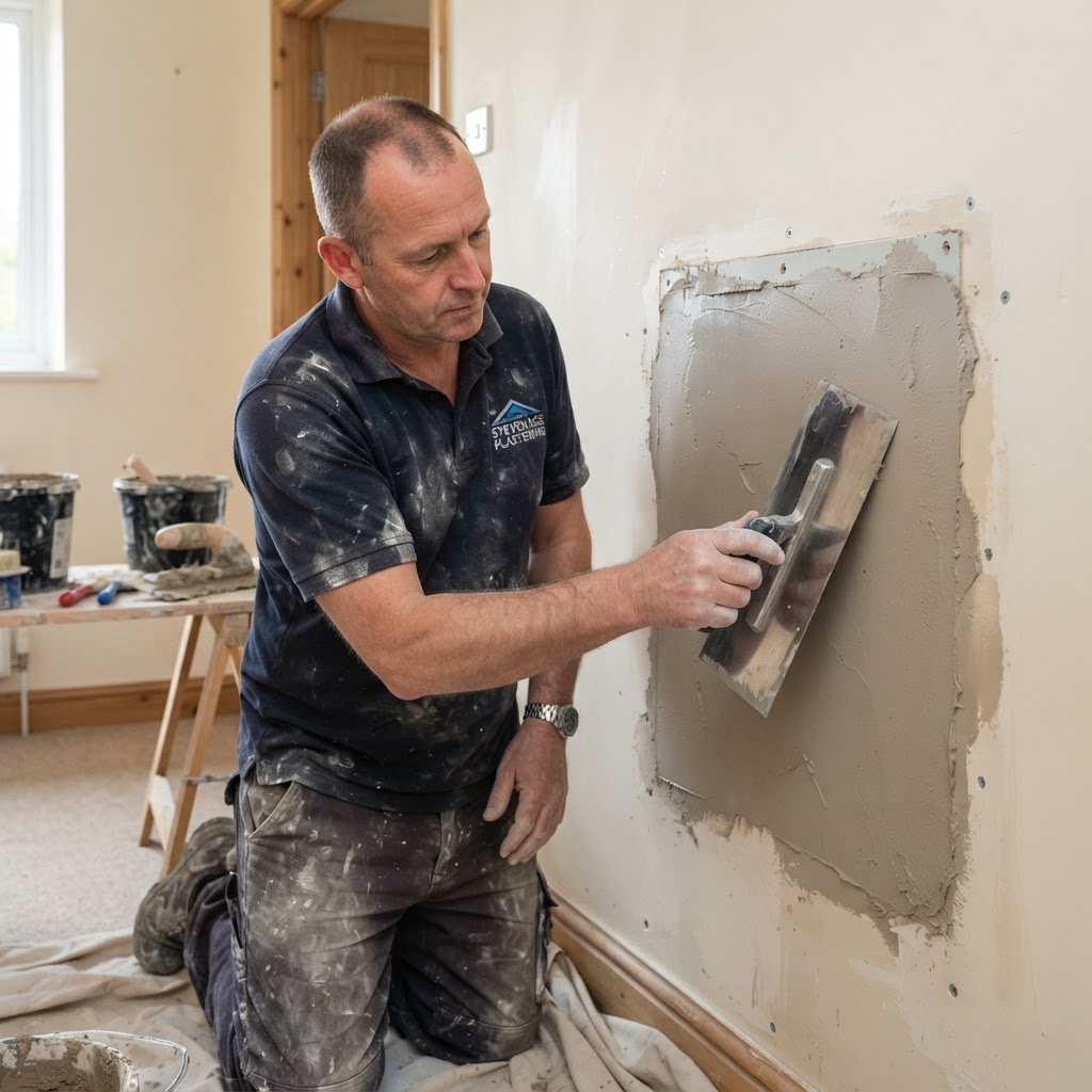 Plasterer using a trowel to feather the edges of a skim coat over a plasterboard patch repair on a wall