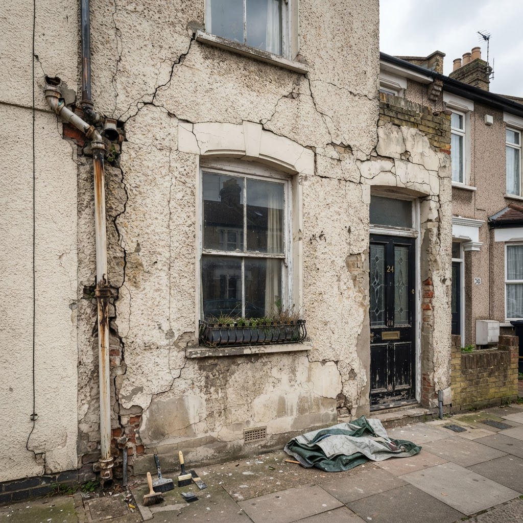 Cracked and weathered render on the exterior wall of an Edwardian London house before repair