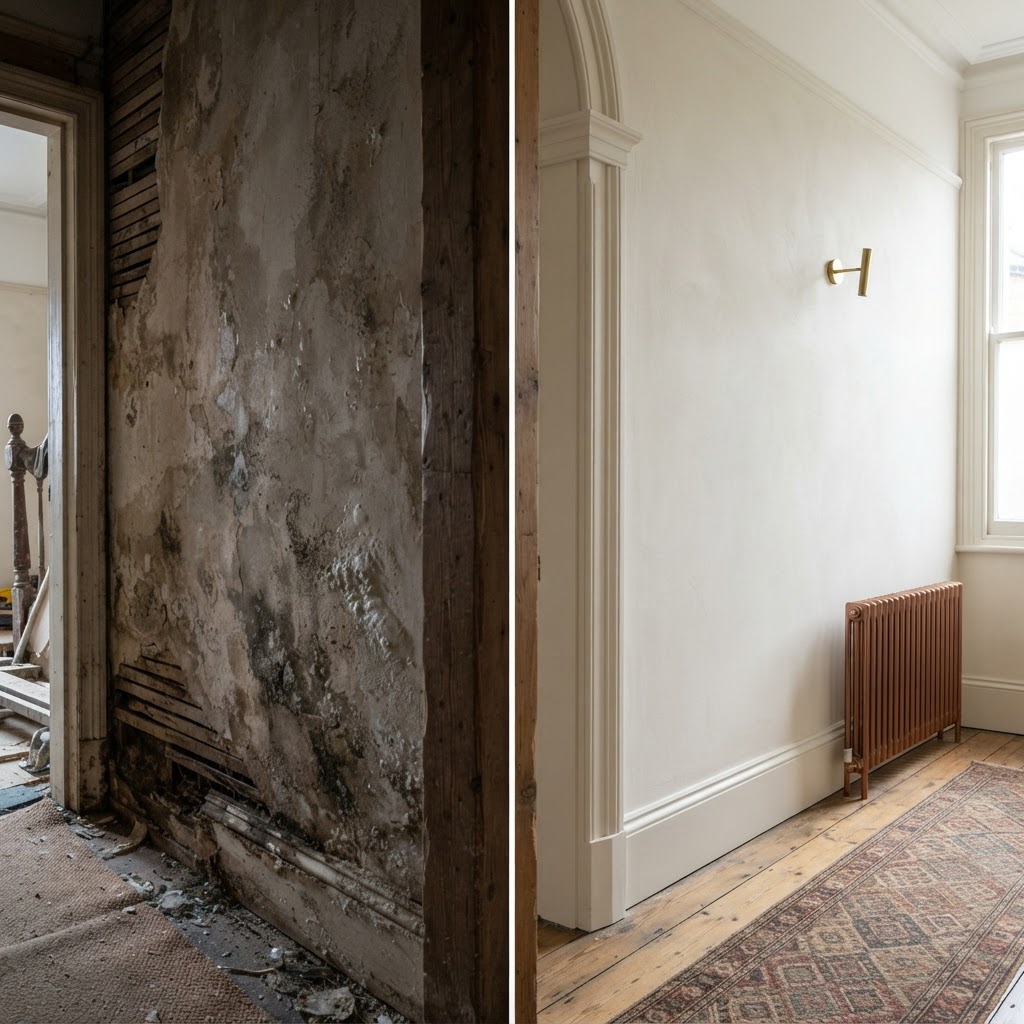 Before and after comparison of a damp-damaged Victorian wall repaired with breathable lime plaster