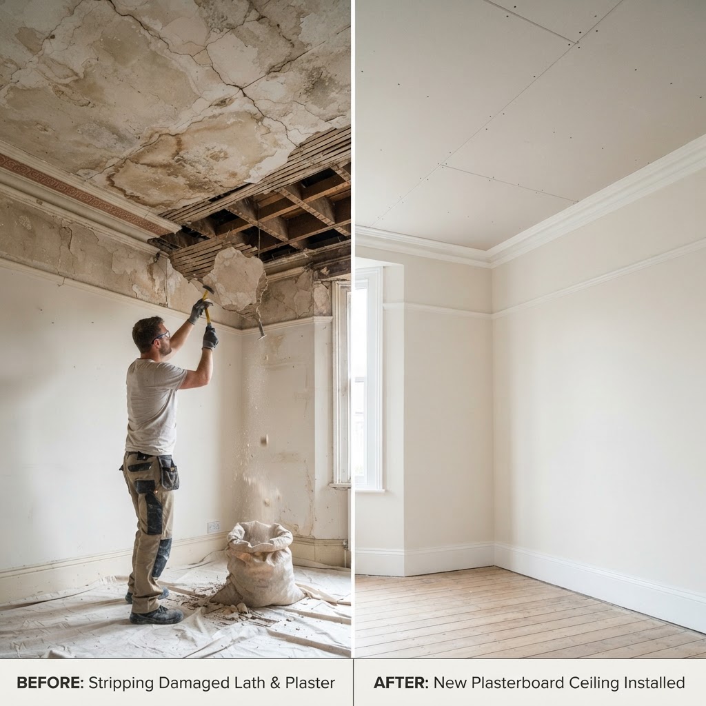Before and after comparison of a cracked Victorian ceiling being stripped and re-boarded with new plasterboard