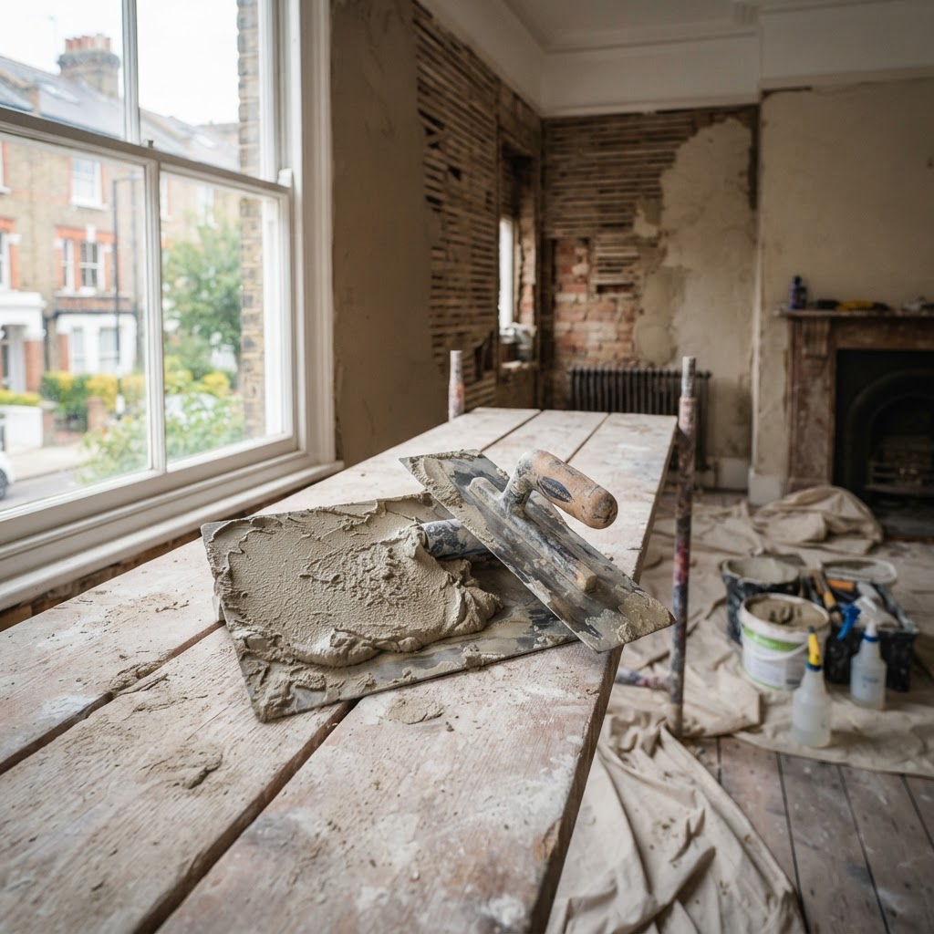 Plasterer's hawk and trowel with lime plaster mix resting on scaffolding boards inside a period London home under renovation