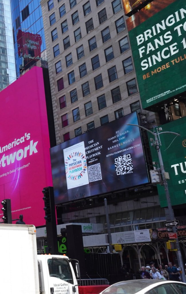 The Physician Recruitment Playbook billboard in the heart of Times Square — May 19, 2026