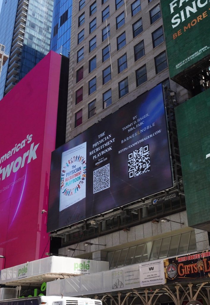 The Physician Recruitment Playbook promoted on Times Square — May 19, 2026