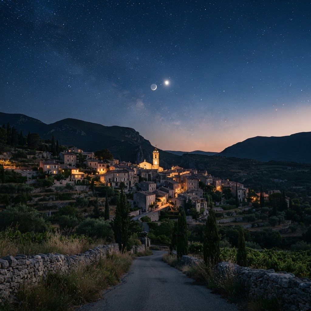 Provence'ta bir köyün üzerinde şafak öncesi hilal, Venüs ve yıldızlar