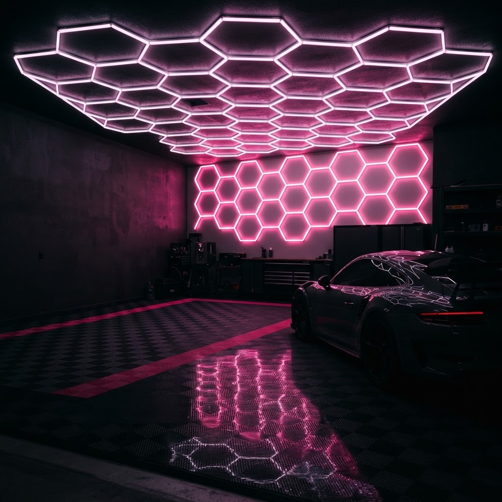 Garage interior with a honeycomb pattern of glowing pink hex LED light panels above dark grey modular floor tiles