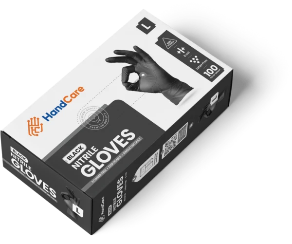 HandCare Black Nitrile Gloves - Exam Grade, Powder Free (6 Mil), 100 Gloves (1 Box)