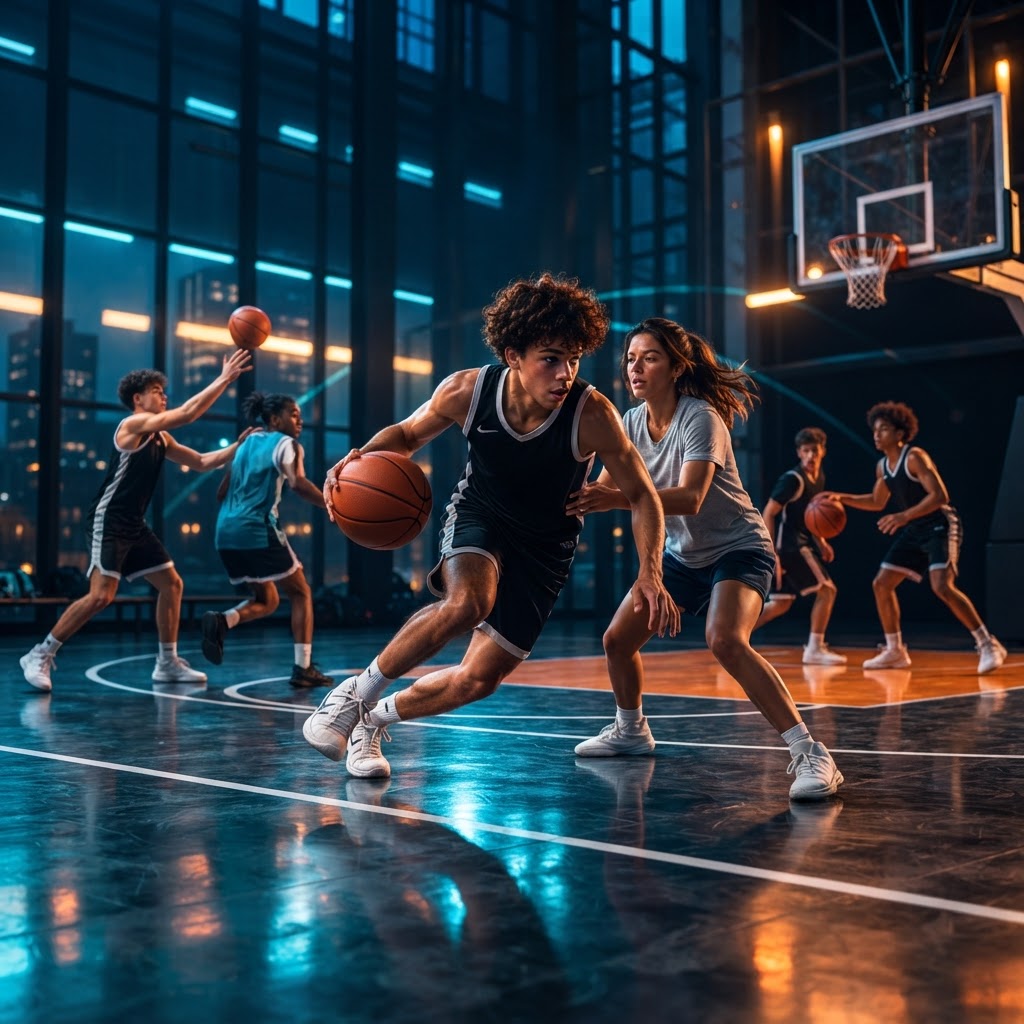 AI-generated sample image of a basketball game in action