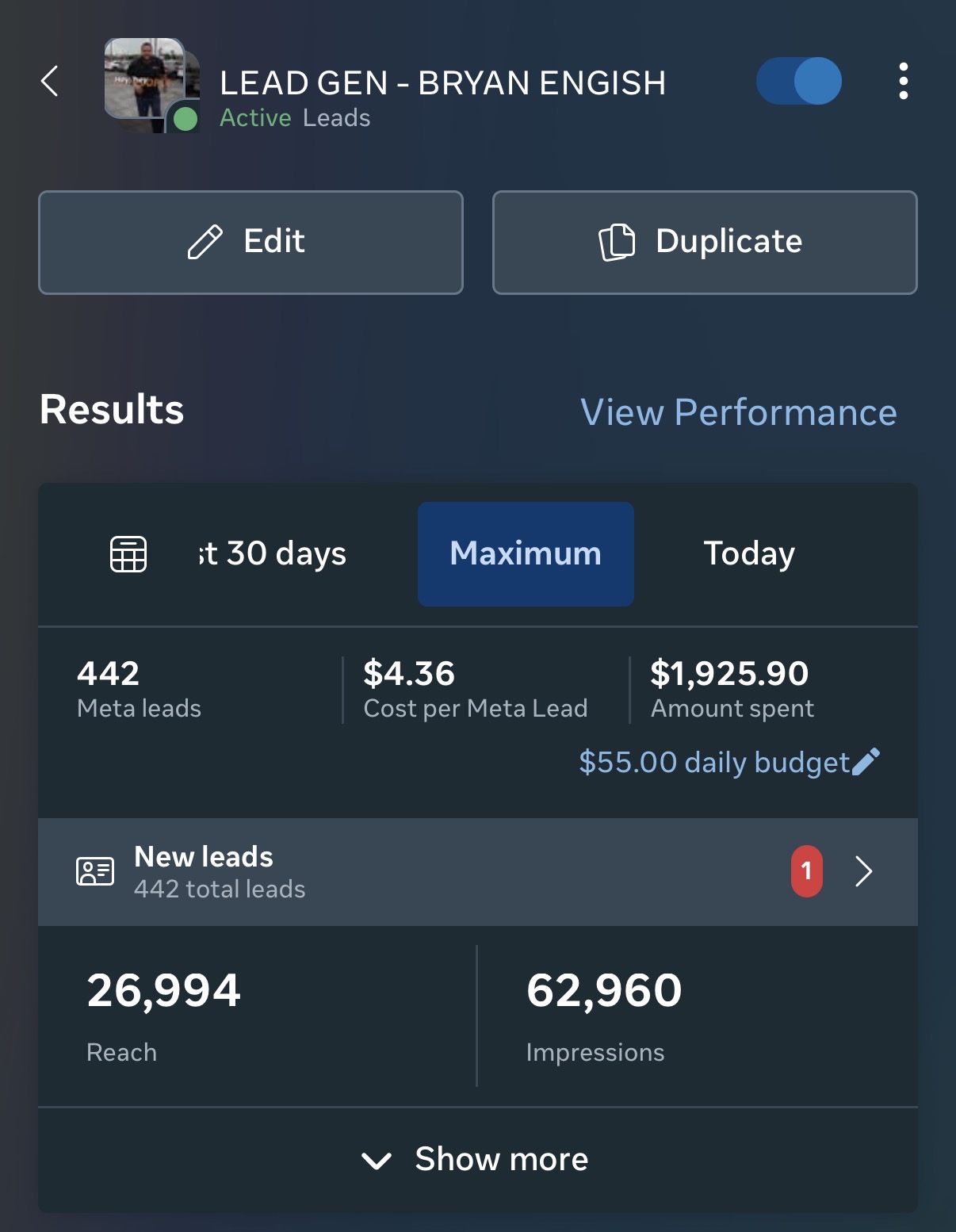 Lead Gen — Bryan Engish — 442 leads · $4.36 CPL