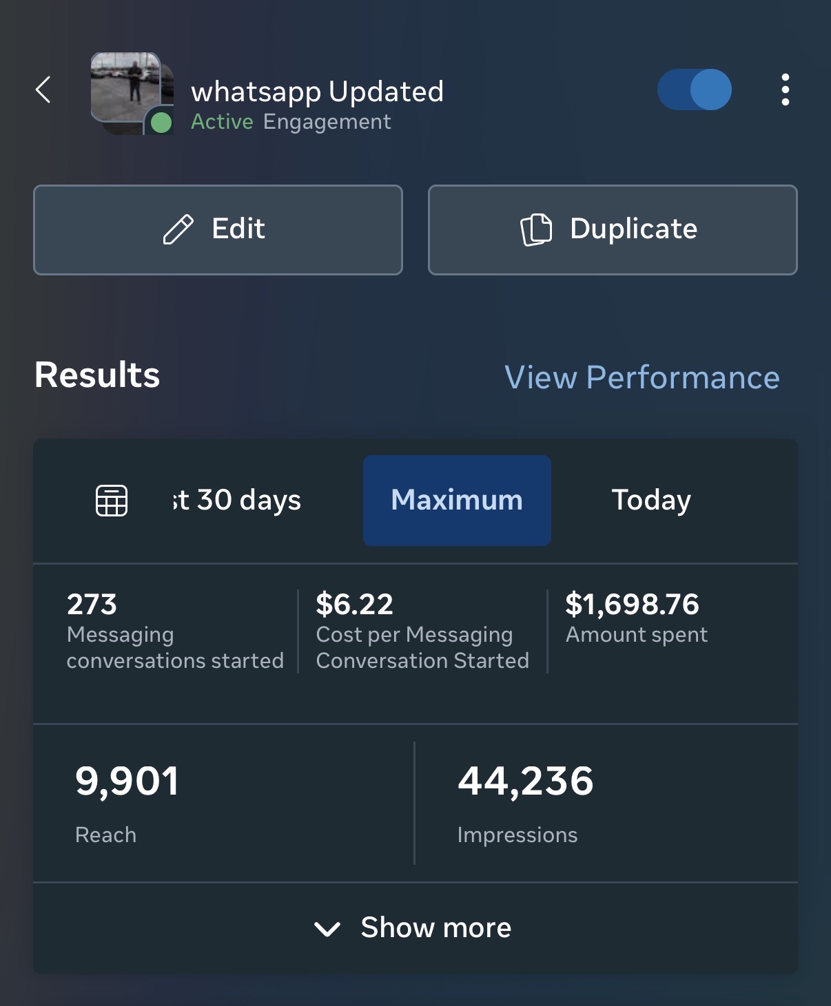WhatsApp Updated — 273 leads · $6.22 CPL