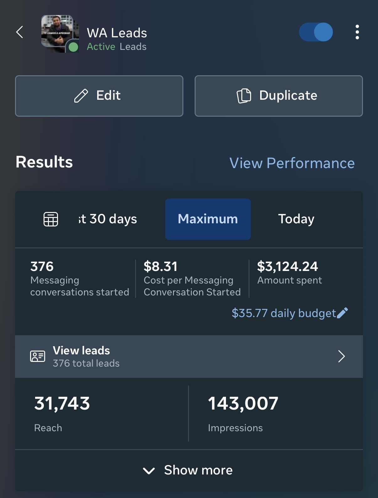 WA Leads — 376 leads · $8.31 CPL