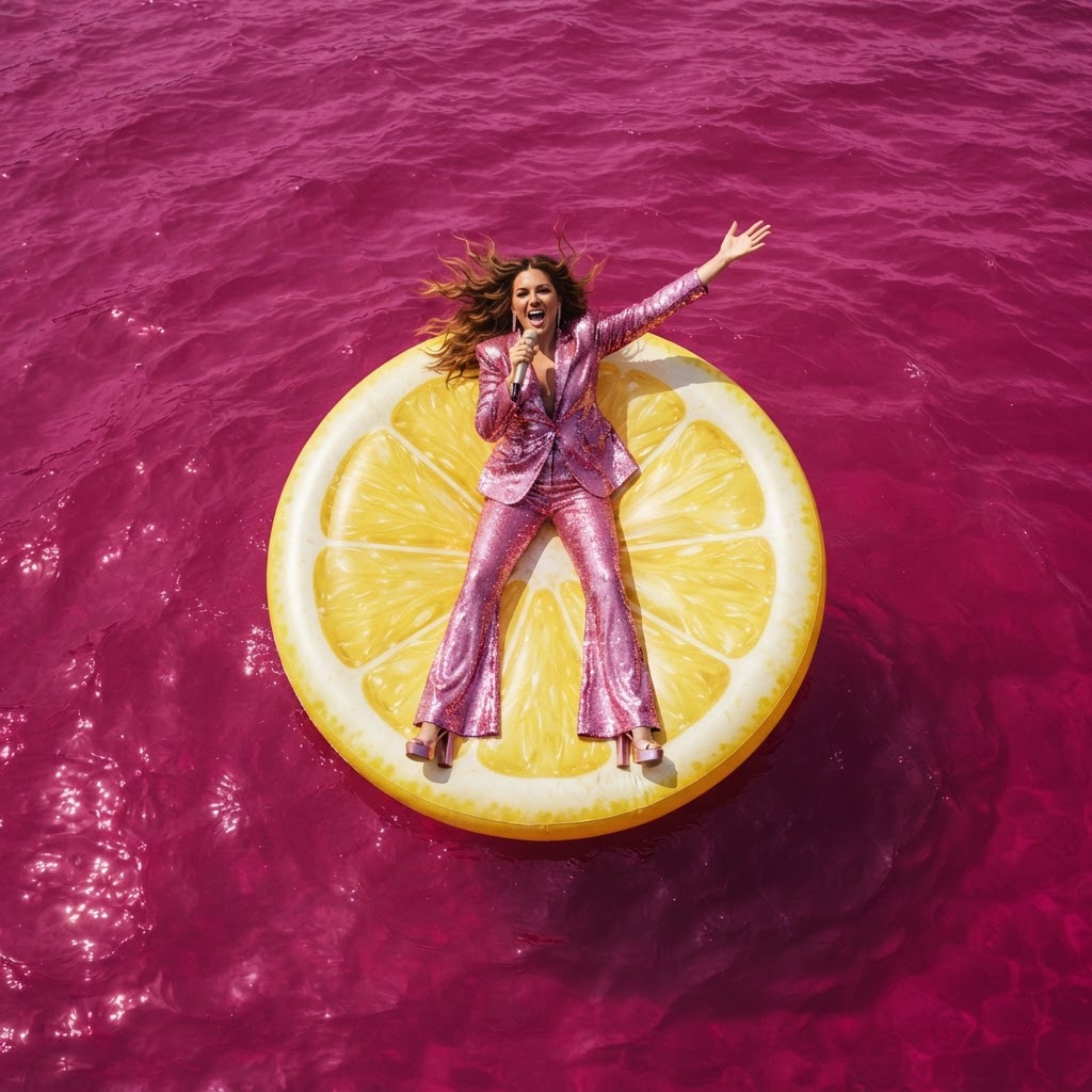 Singer performing on a giant lemon pool float