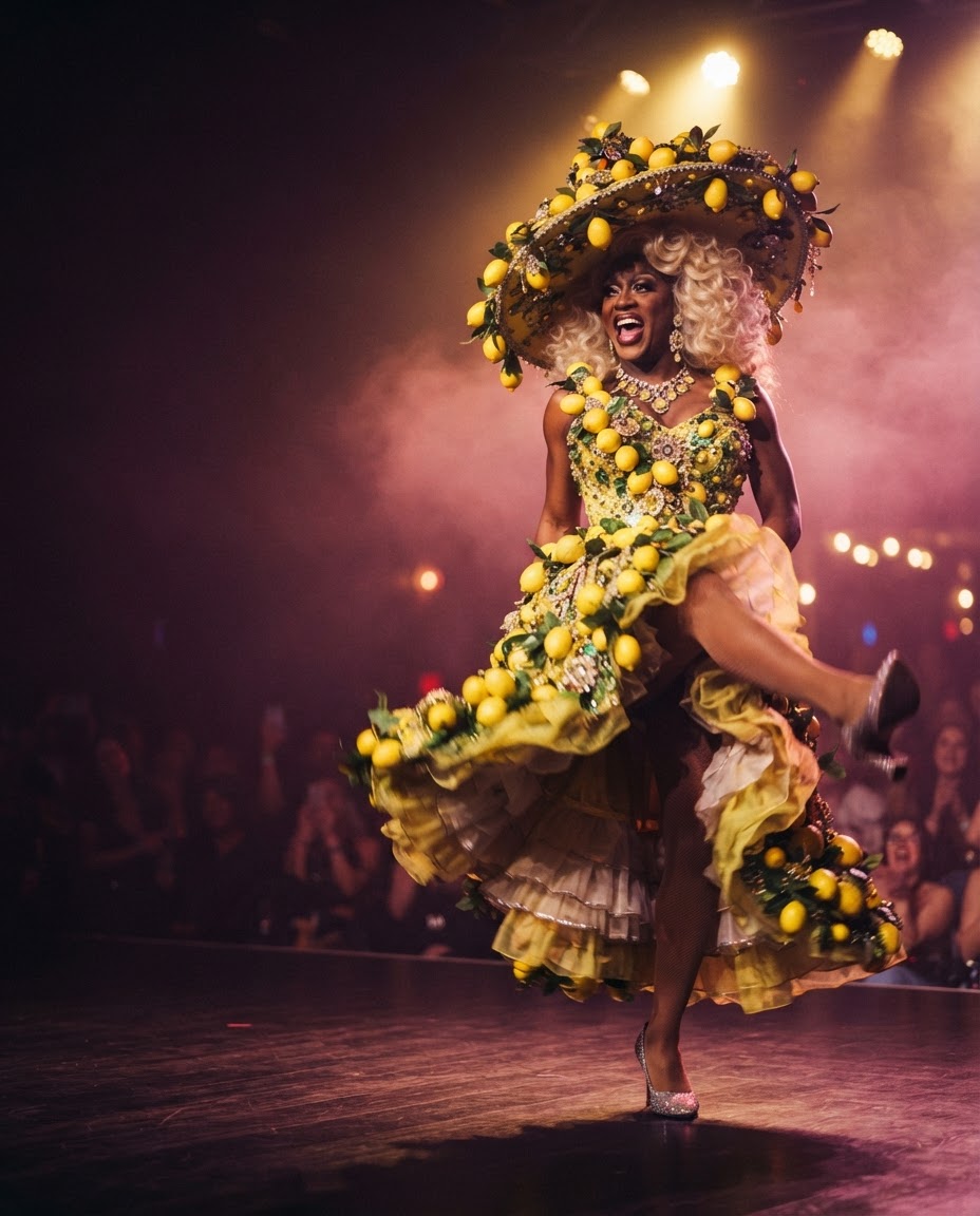 Drag queen performing in a lemon-covered dress and hat