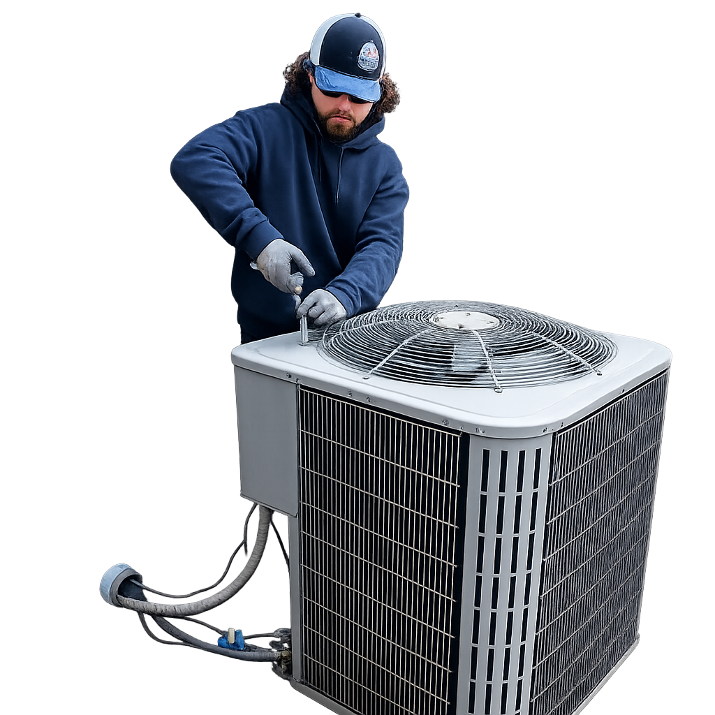 Core Comfort HVAC technician servicing full-sized HVAC unit