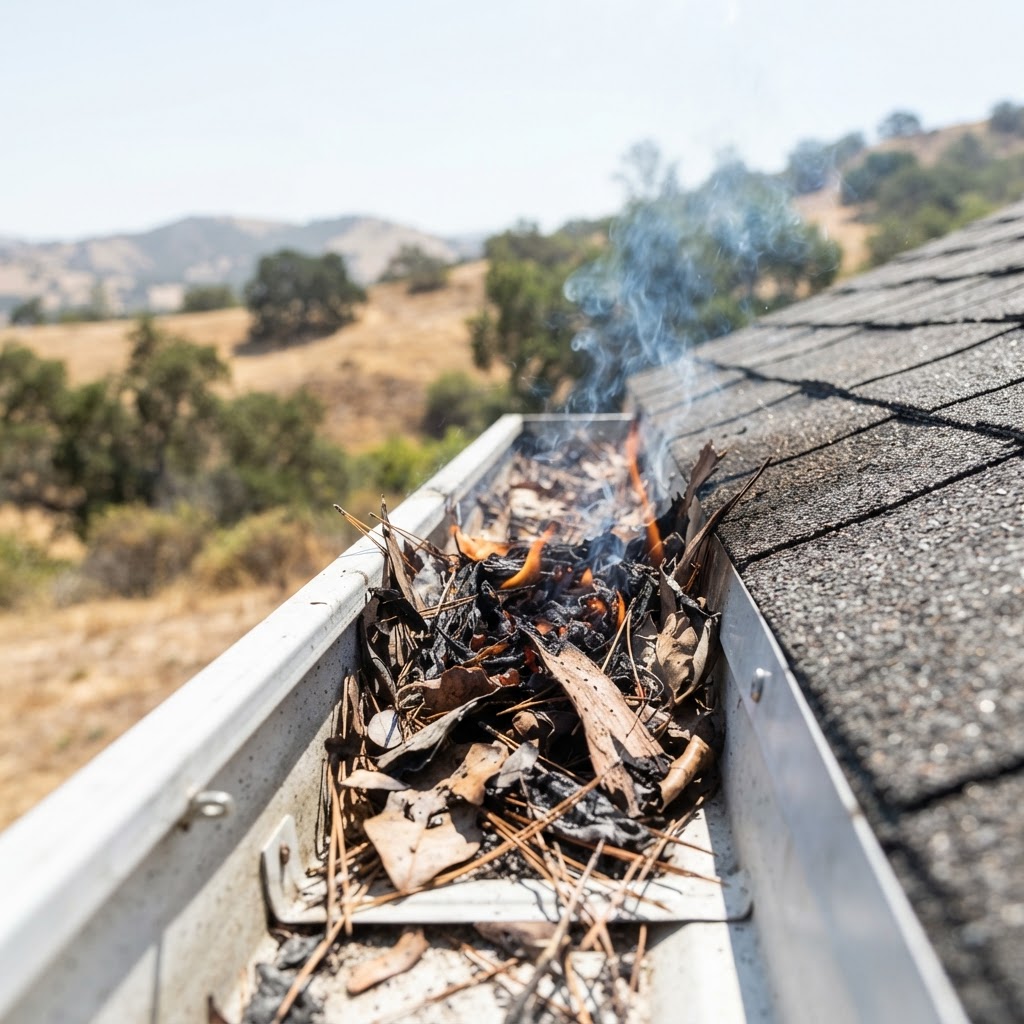 Dry leaves smouldering in a roof gutter on a bright autumn day