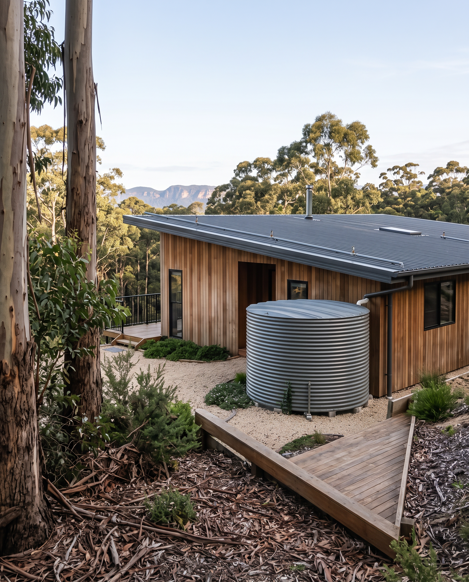The same house from the ground: skillion roofline, eaves and the deck edge where the trees come close. Heads installed, not running.