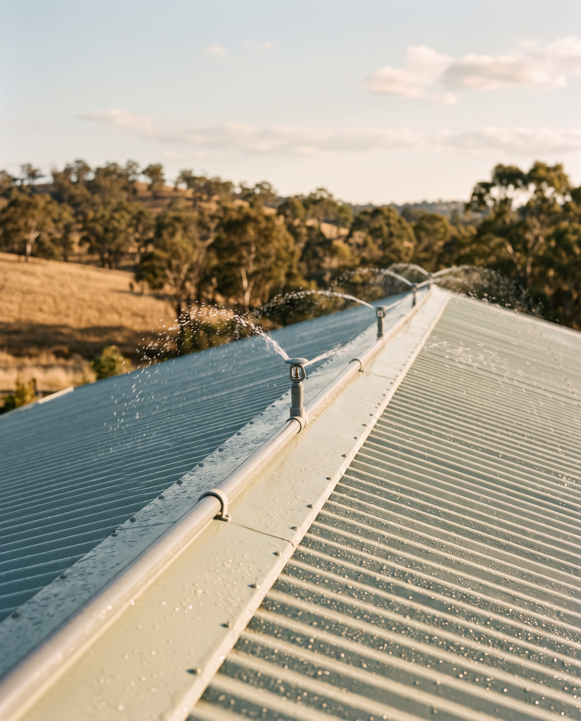 Medium-close along the ridge: two low-profile heads, one clipped ridge pipe, soft arcs and droplets in late sun.