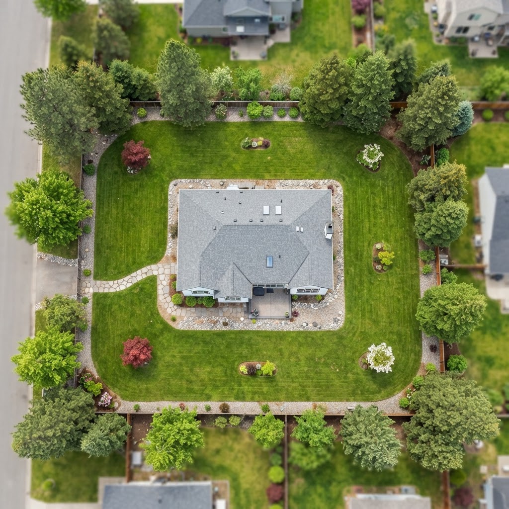 Top-down aerial of a property with the three home-ignition zones marked