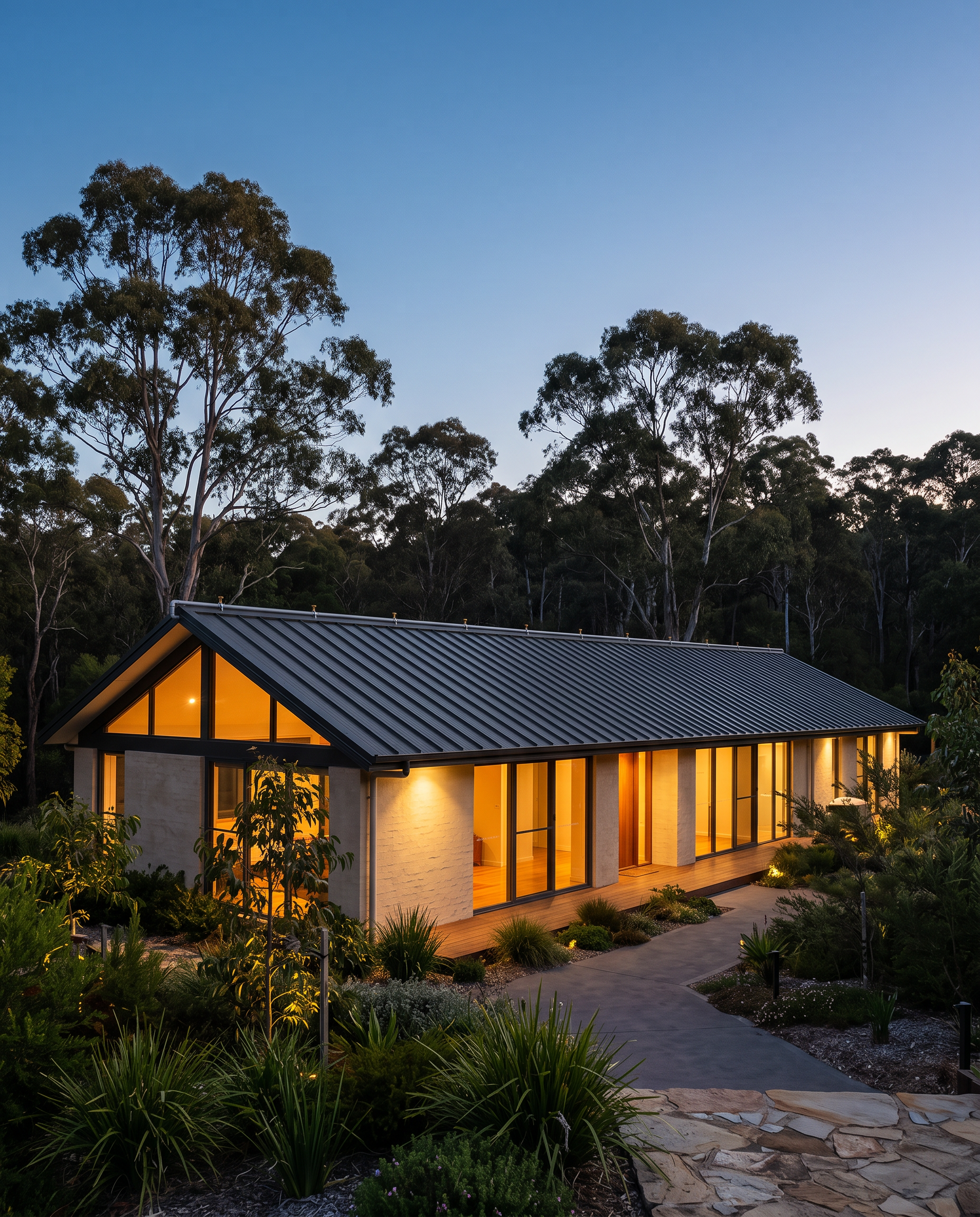 Twilight wide of the finished home, warm interior light, system installed and at rest.