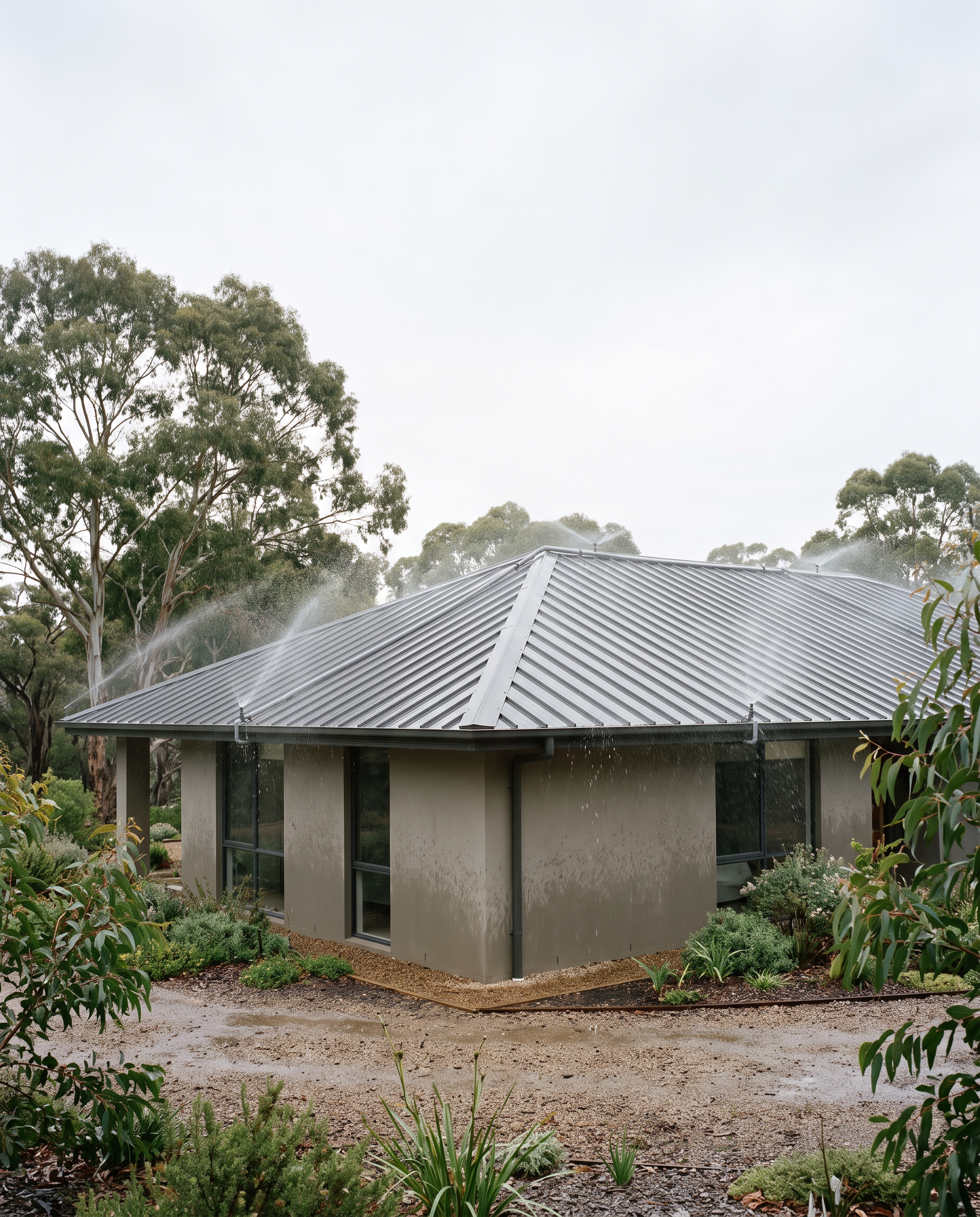 Wide corner view: the roof, walls, eaves and the garden beds around the house all visibly wet.