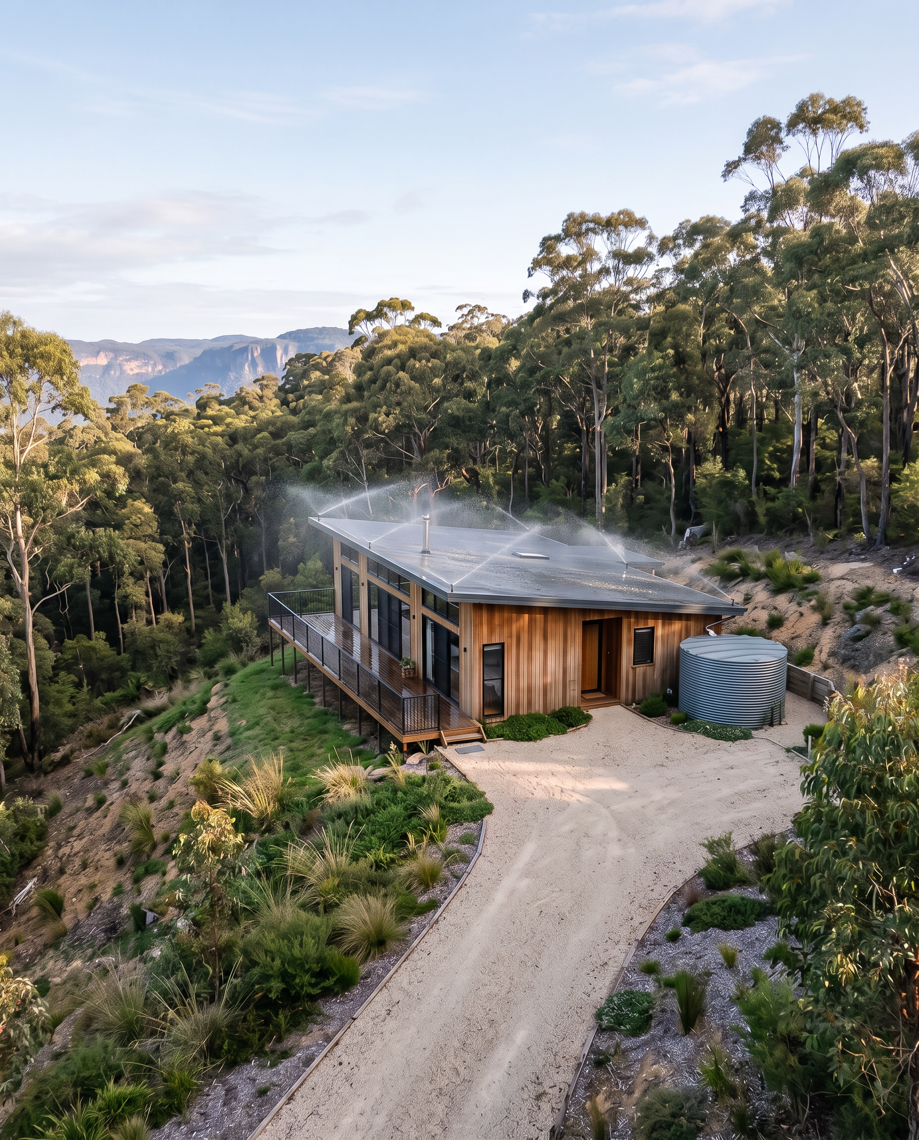 Back to the whole property, now with the system running gently along the roof’s high edge.