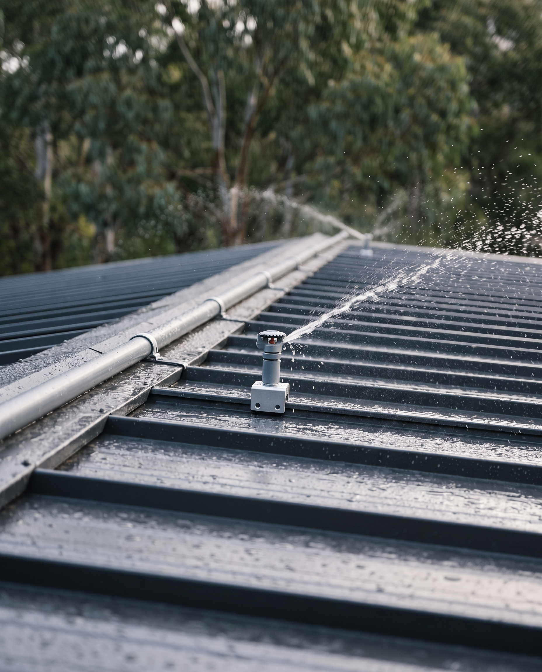Detail of one head on a seam-clamp bracket, the ridge pipe running away out of focus, droplets on a wet roof.