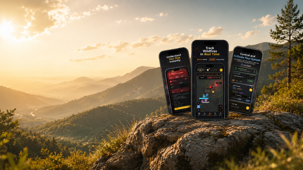 Three Prodigy Wildfire App screens standing on a mountain ridge at golden hour