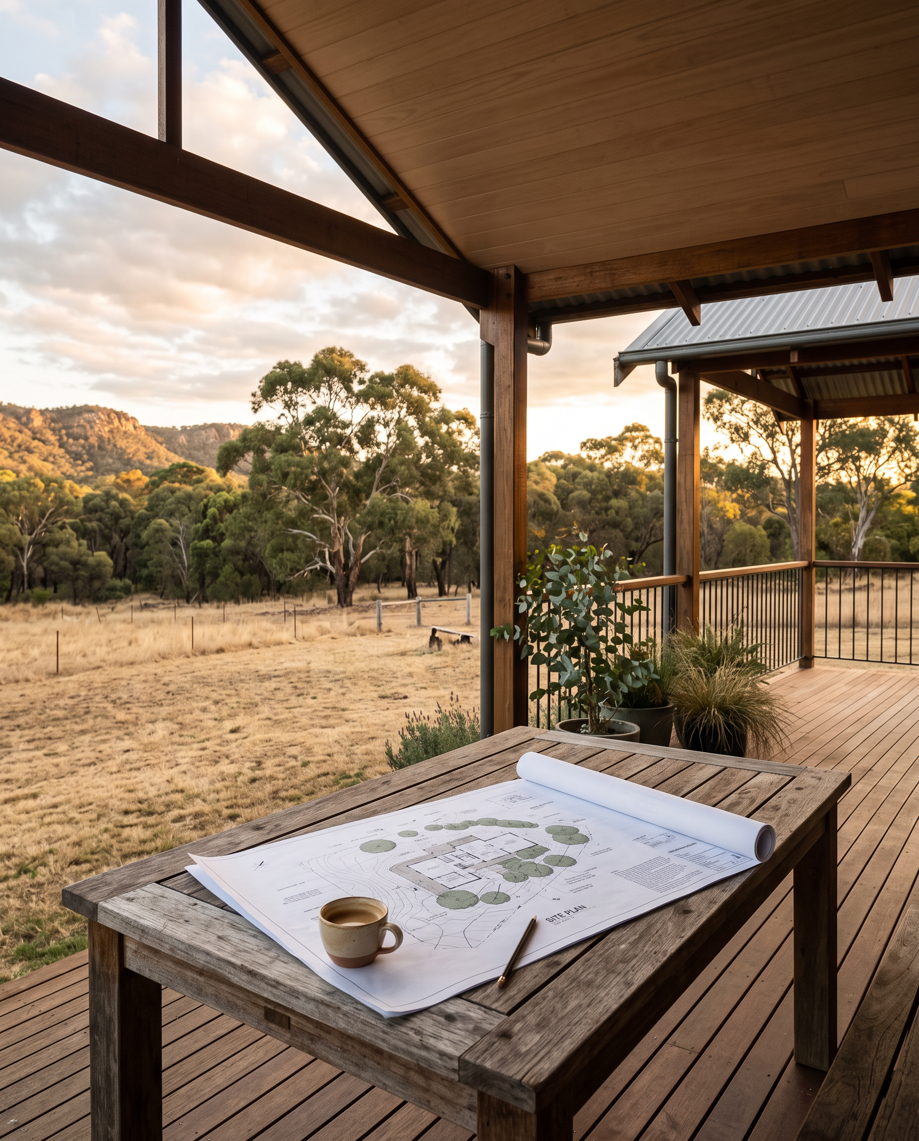 Verandah table at golden hour with a site plan held down by a coffee cup, looking out to the paddock.
