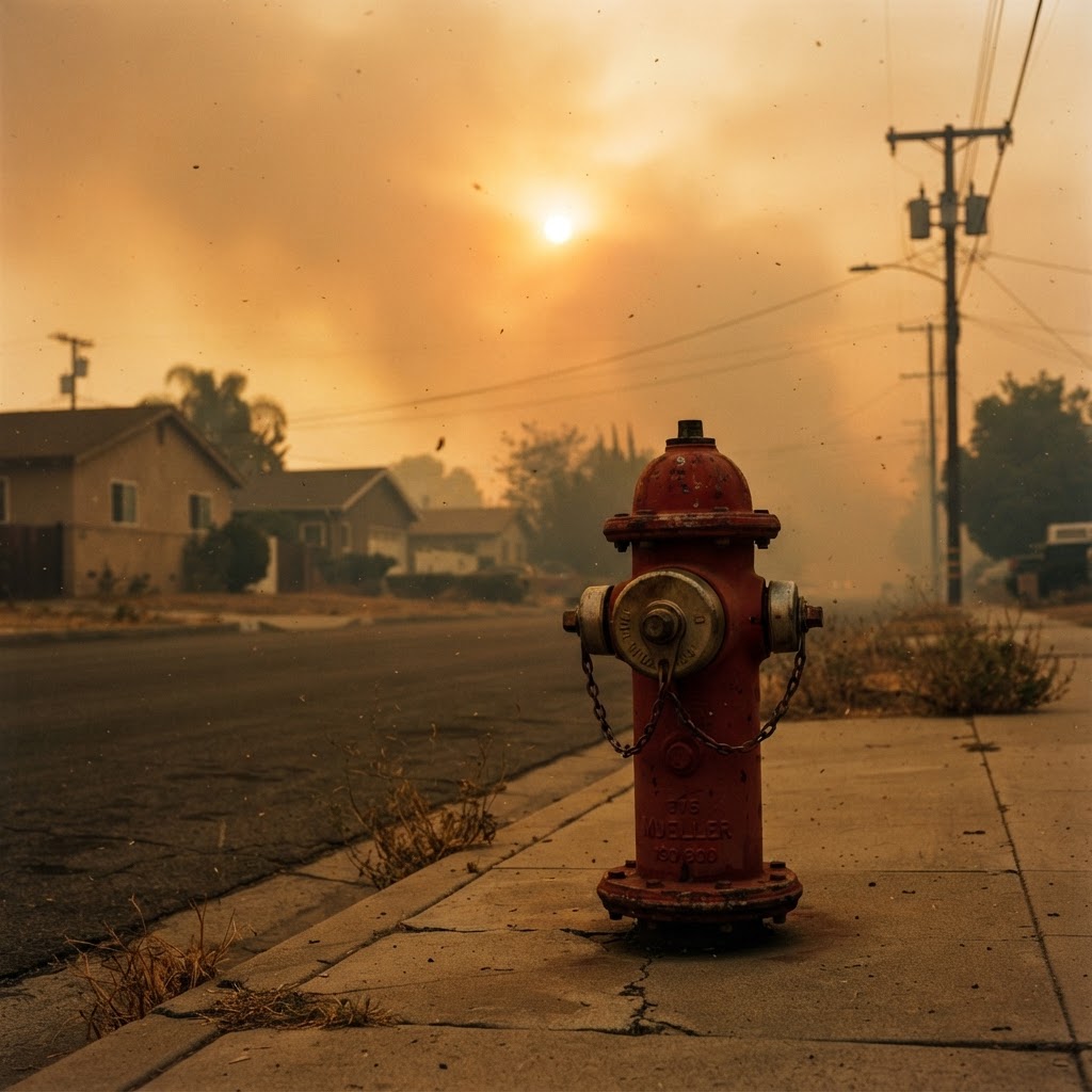 Fire hydrant on a suburban street in golden smoke haze