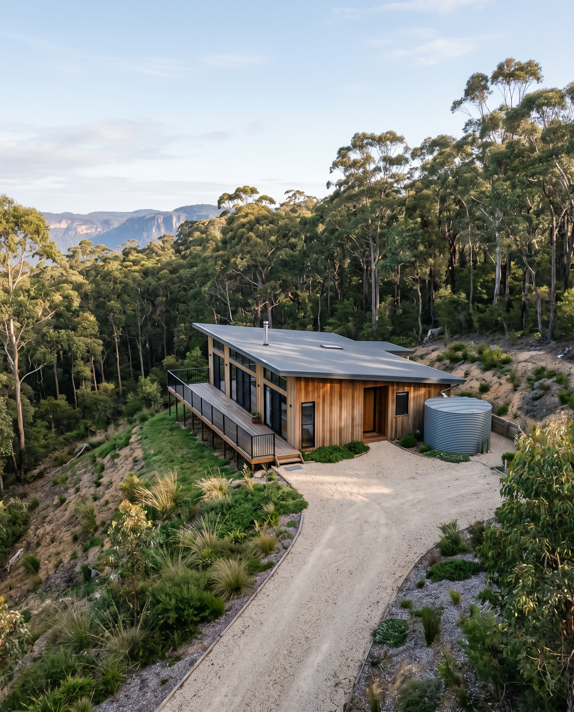 Elevated wide view of the whole site: the house, the slope, the forest edge, the tank and the driveway, all readable.